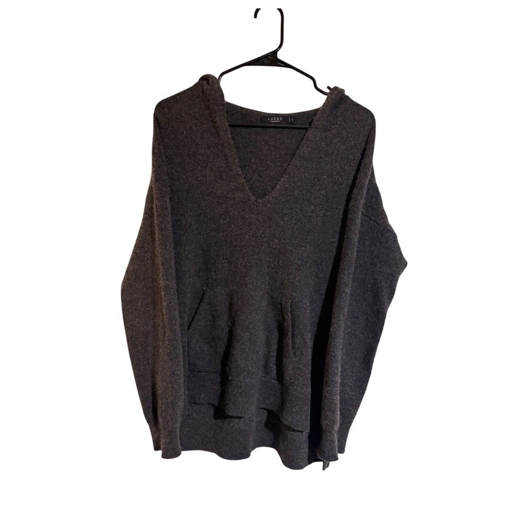 Lusso Cashmere Chloe Gray 100% Cashmere V Neck Hooded Tunic Sweater Large